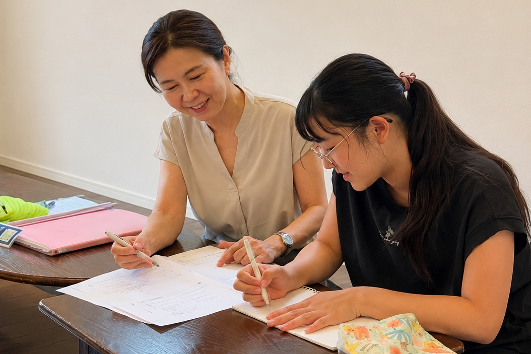 なみ先生がお子さまと一緒に学習に取り組む様子